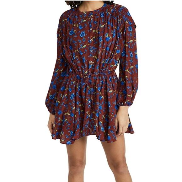 Free People Flower Fields Mini Dress Burgundy Womens Size XS Long Sleeve Boho - Picture 2 of 15